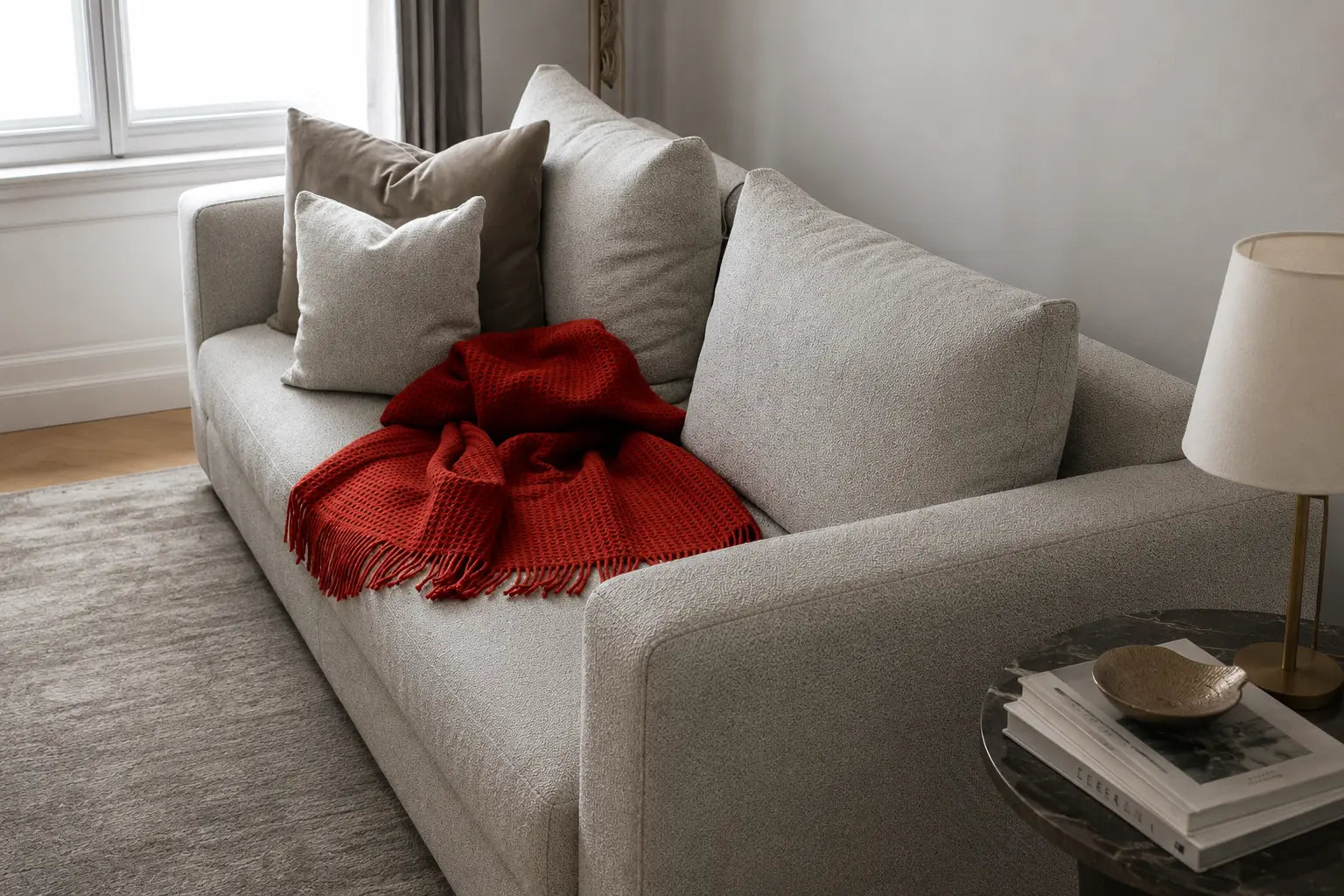 Copper red wool throw with fringed edges draped over a neutral textured sofa in a softly lit contemporary interior.