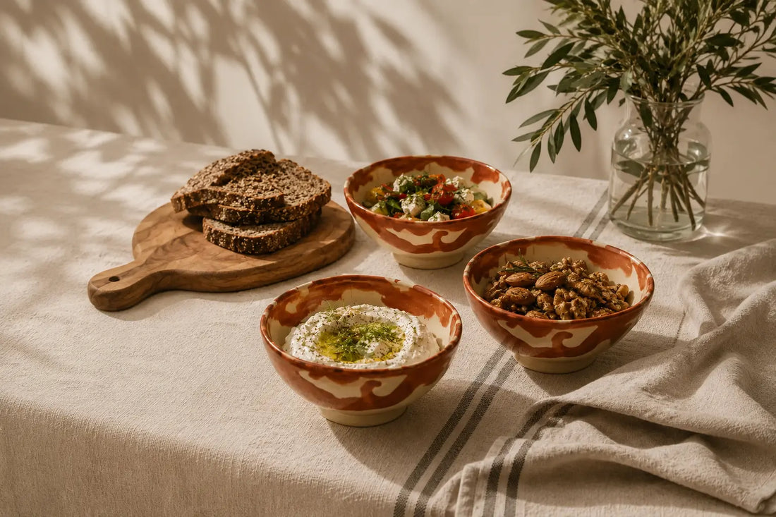Hand-painted rust and cream ceramic snack bowls filled with dips, salad and nuts, styled on natural linen in warm sunlight.