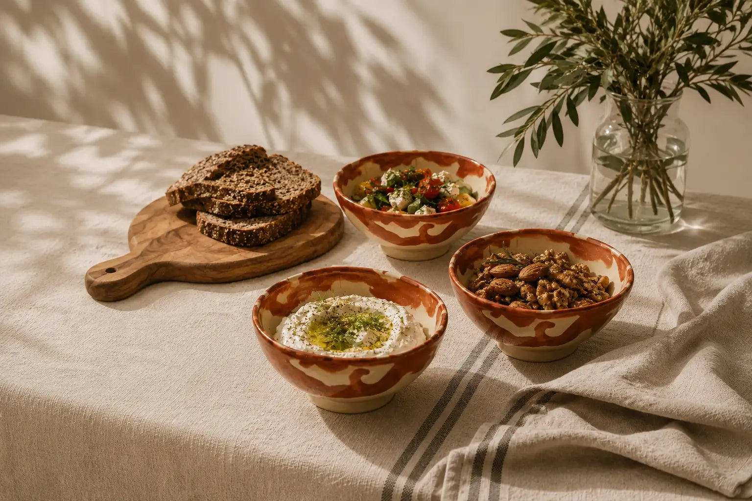 Hand-painted rust and cream ceramic snack bowls filled with dips, salad and nuts, styled on natural linen in warm sunlight.