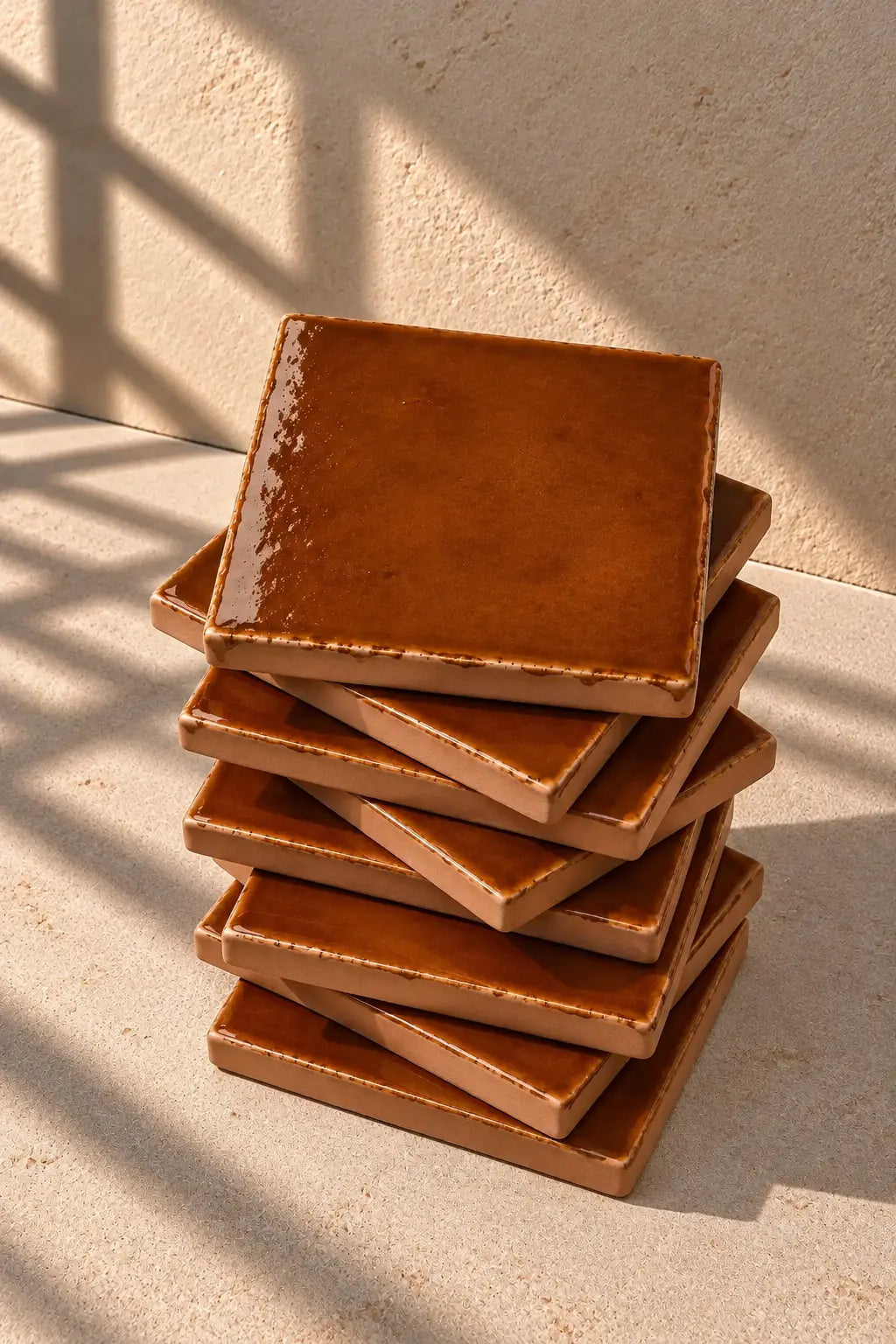 A stack of glossy square ceramic tiles in a deep cognac brown colour, arranged on a textured off-white surface.