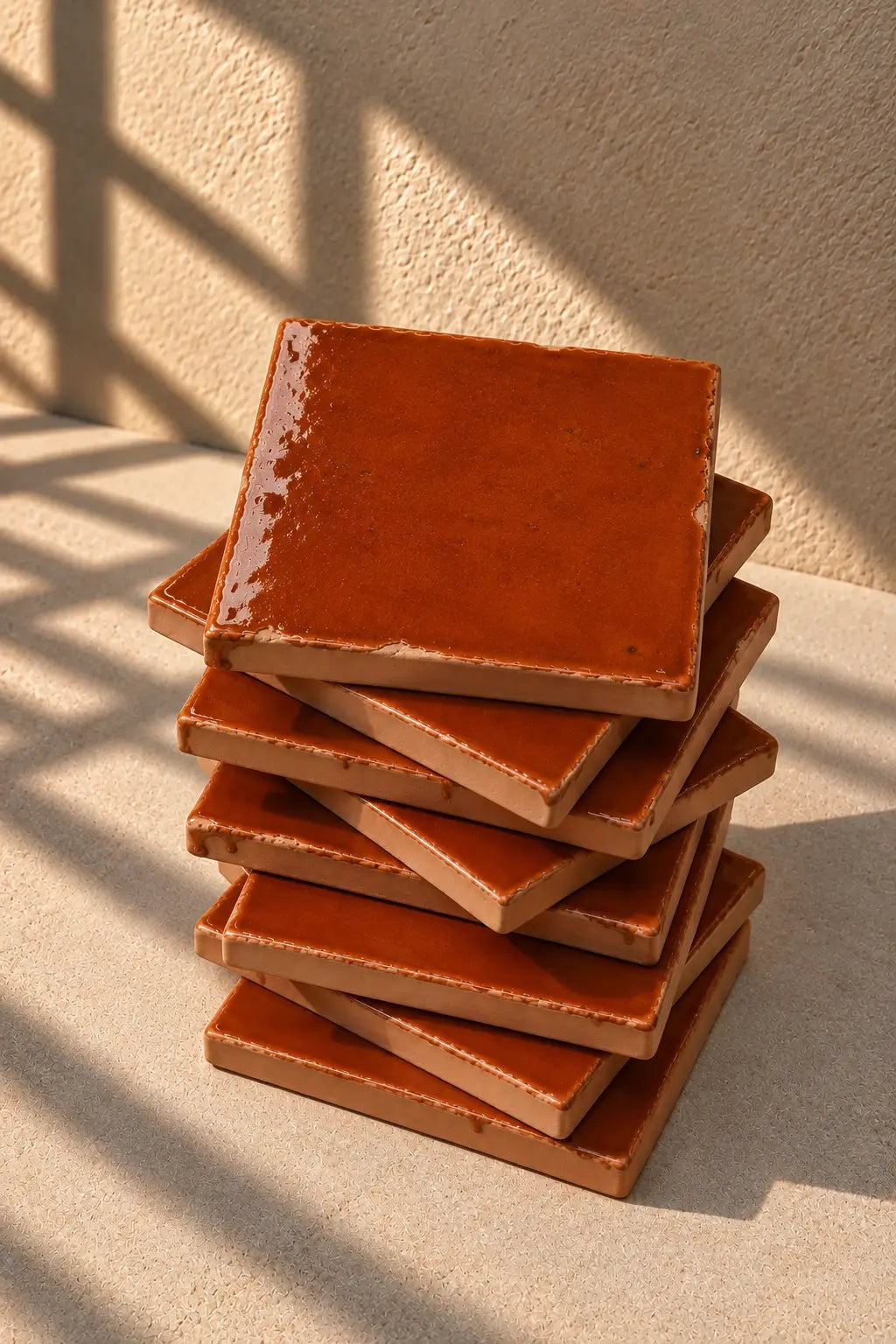 A stack of glossy square terracotta orange tile on a textured off-white background.