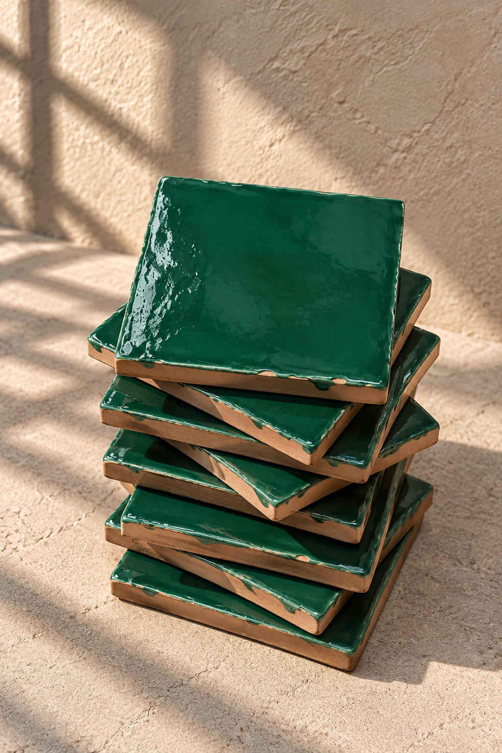 A stack of glossy emerald dark green square coasters on a textured beige surface against a matching beige wall.
