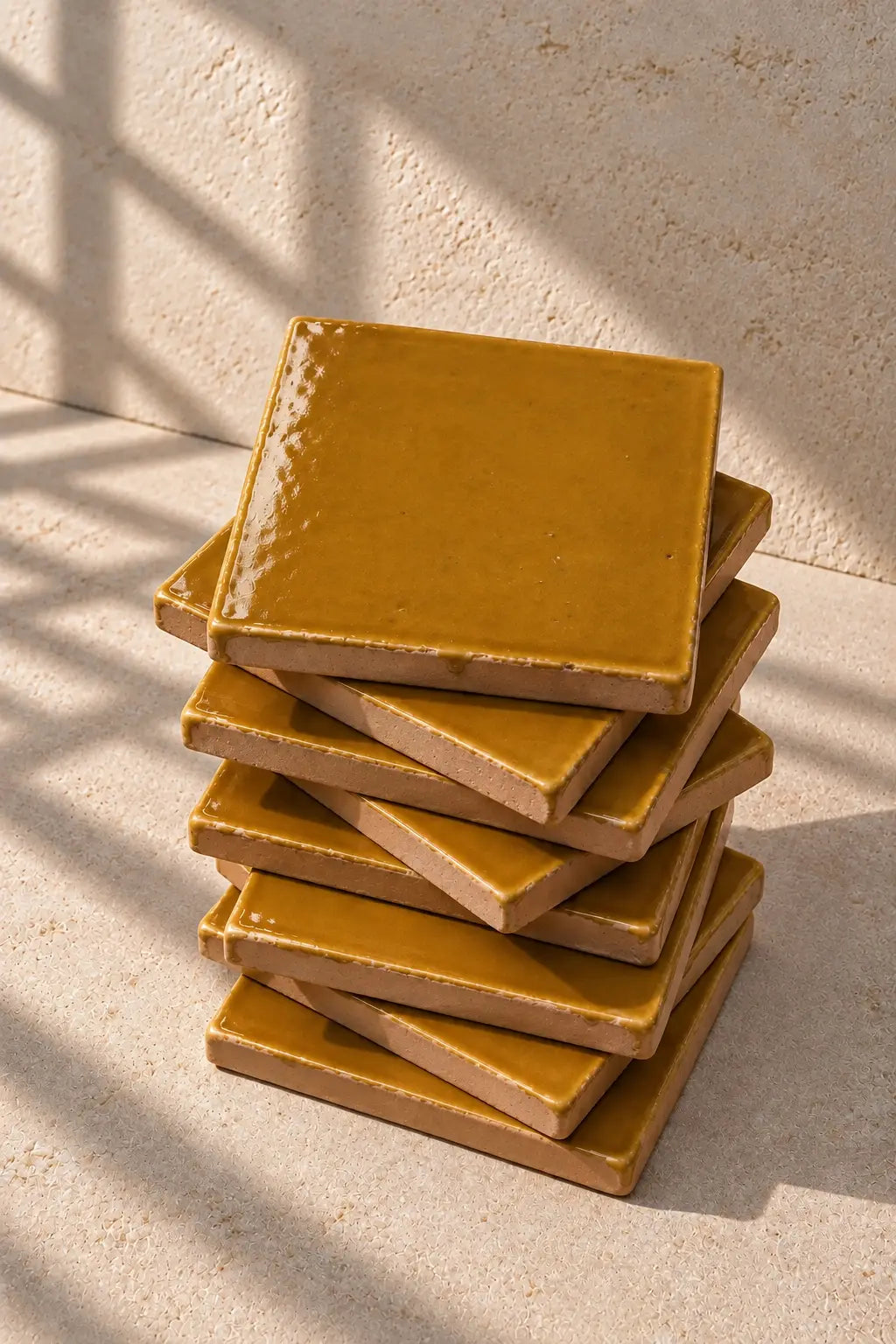 A stack of square ceramic tile in a glossy amber light brown finish, set against a textured off-white background.