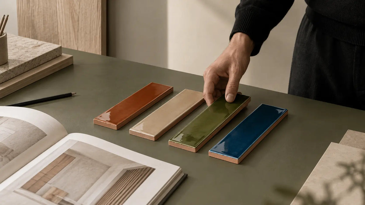 A person's hand selects a glossy ceramic tile from a set of five color options (terracotta, beige, olive green, and blue) displayed on a dark gray table next to an open design book.
