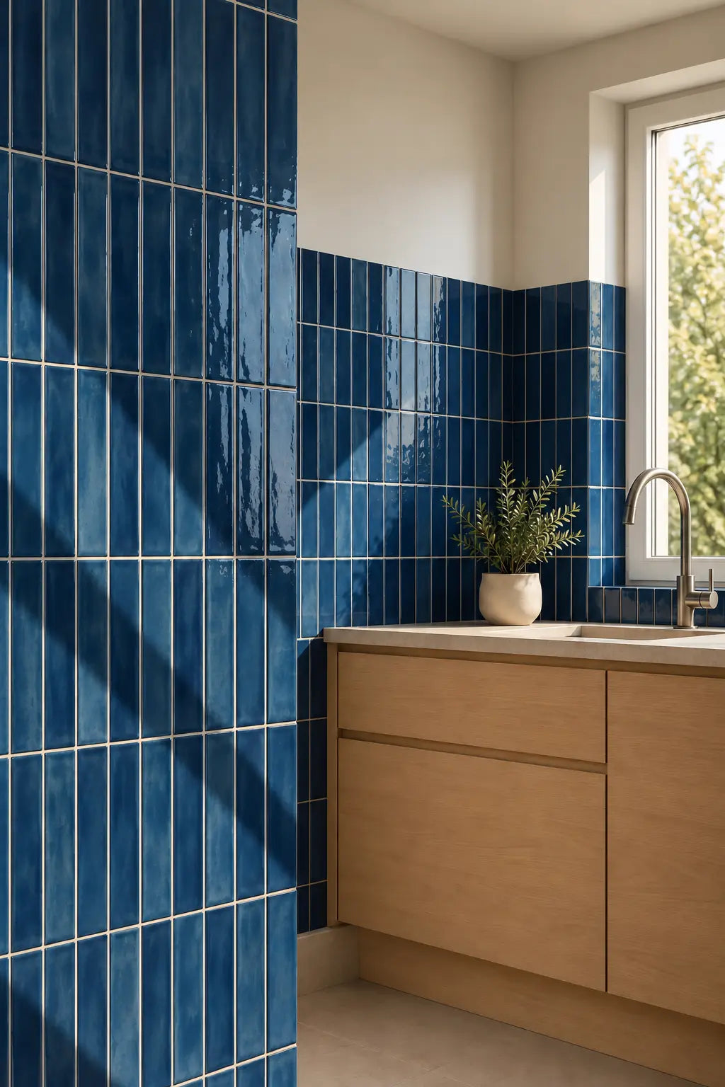 Glossy vertical blue subway tiles installed on a kitchen wall, paired with a light wood cabinet and a small potted plant on the countertop.