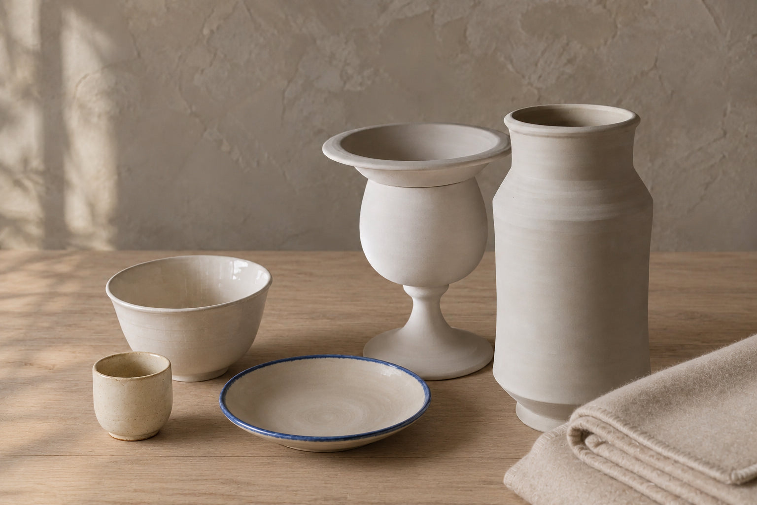A set of matte ceramic tableware in a warm off-white/cream glaze, including a pedestal vase, a tall cylindrical bottle, a bowl, a small cup, and a shallow plate with a blue rim, arranged on a light wood table against a textured beige wall.