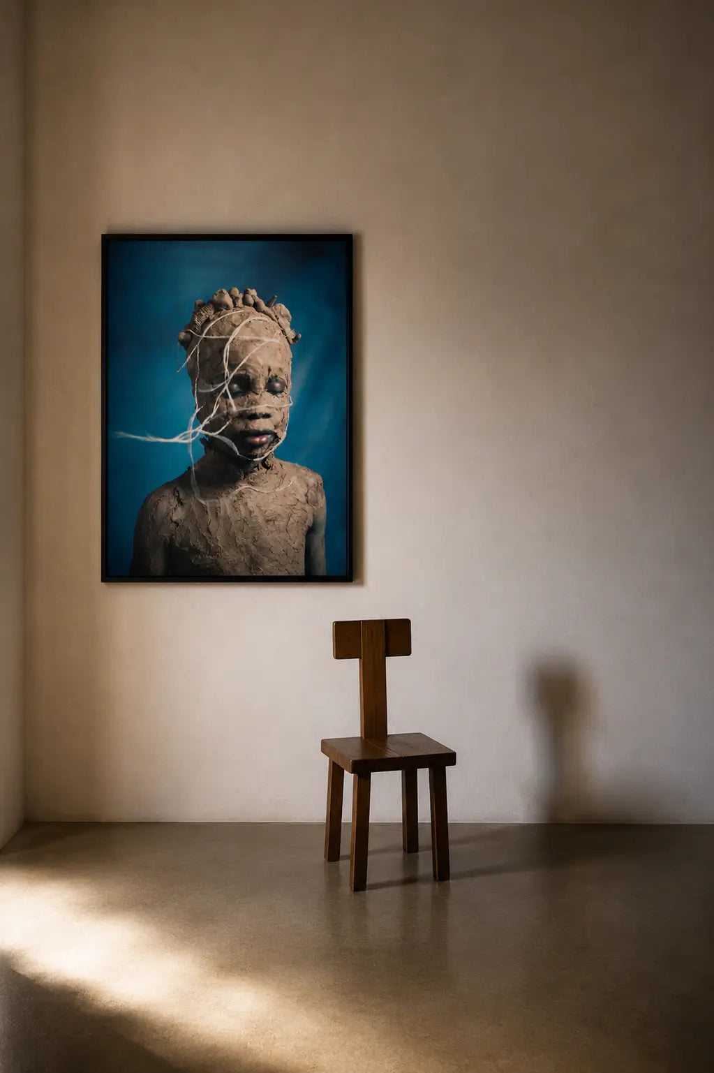 A framed art print depicting a textured stone-like figure against a deep blue background, hanging on a beige wall above a small wooden stool in a minimalist room.