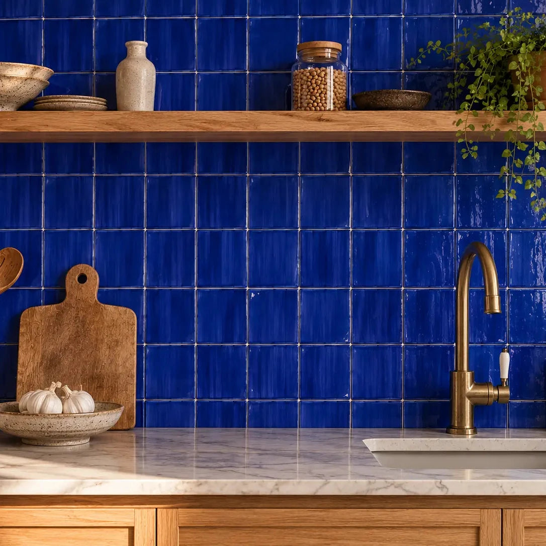 A kitchen scene with glossy cobalt blue subway tiles, a marble countertop, a brass faucet, wooden shelves, and styled kitchen items including a cutting board, garlic, bowls, and a hanging green plant.