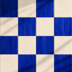 Blue and white checkered patterned tiles with a brushed metallic texture and soft diagonal shadows.