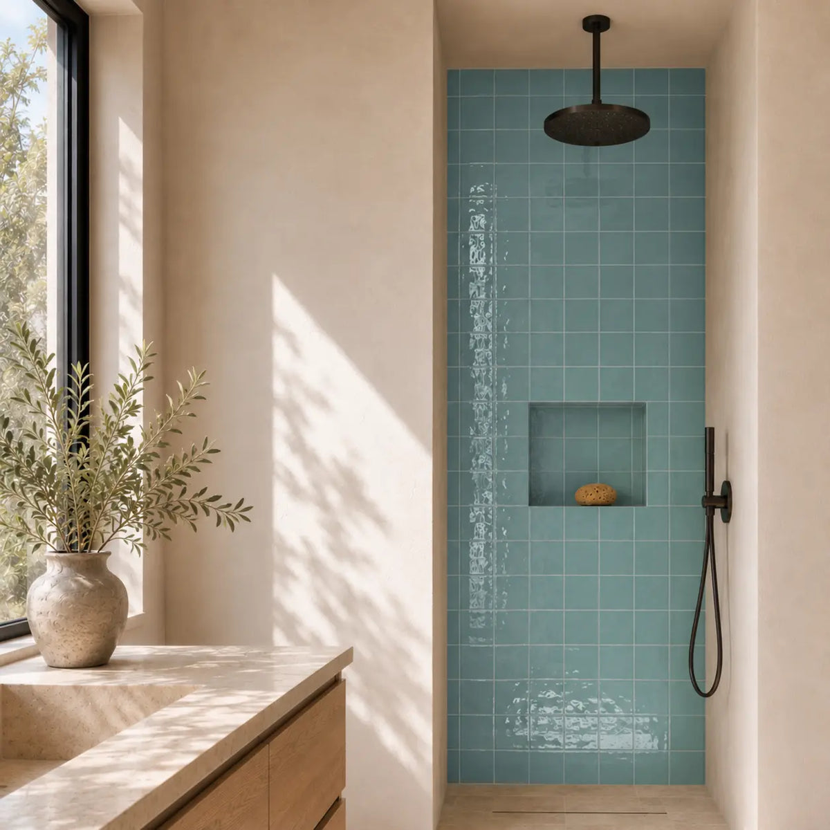 Bathroom with sky blue tiled shower area and natural light