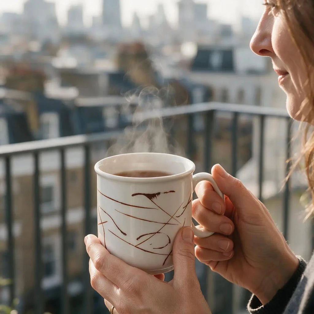 A woman holds a white ceramic mug with brown abstract line patterns, filled with a steaming hot drink, overlooking a city skyline from a balcony.