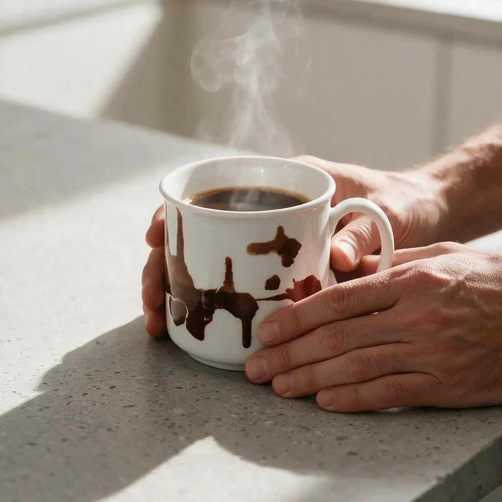 A white ceramic mug filled with a dark hot beverage, with steam rising, held by two hands on a light gray speckled countertop in a bright kitchen setting.