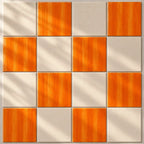 A square mosaic tile pattern featuring alternating warm orange wood-grain tiles and light beige tiles, with soft diagonal shadows across the surface.