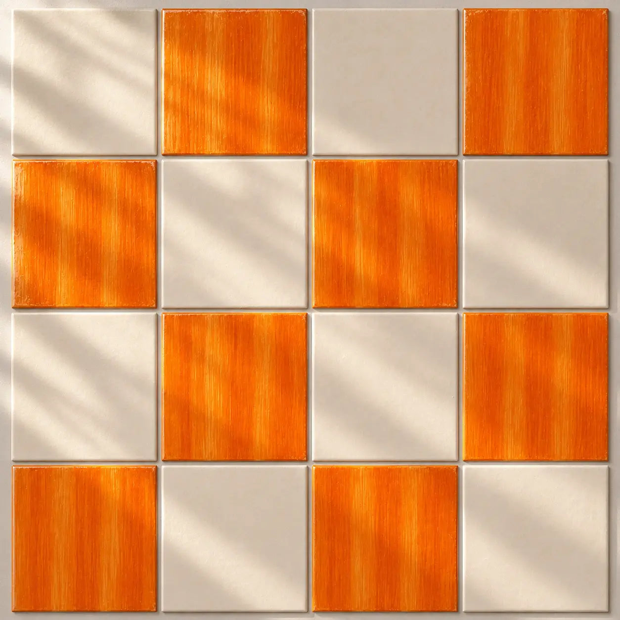 A square mosaic tile pattern featuring alternating warm orange wood-grain tiles and light beige tiles, with soft diagonal shadows across the surface.