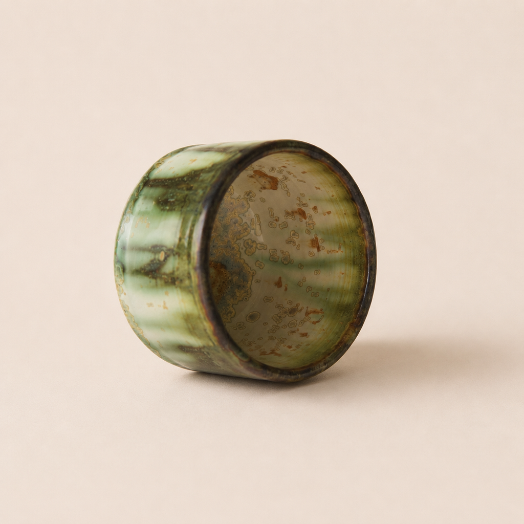 A small glazed ceramic matcha bowls with a vertical drip design in green and black against a solid beige background.
