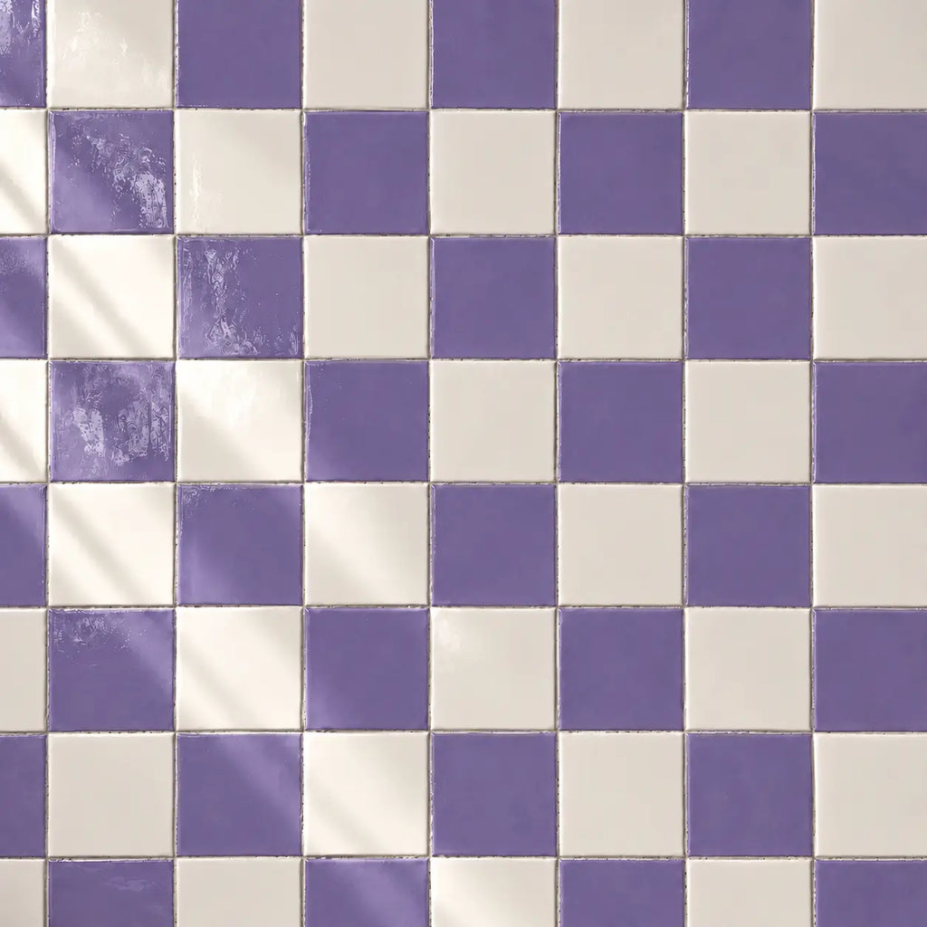 Lilac and white ceramic tiles in checkerboard pattern