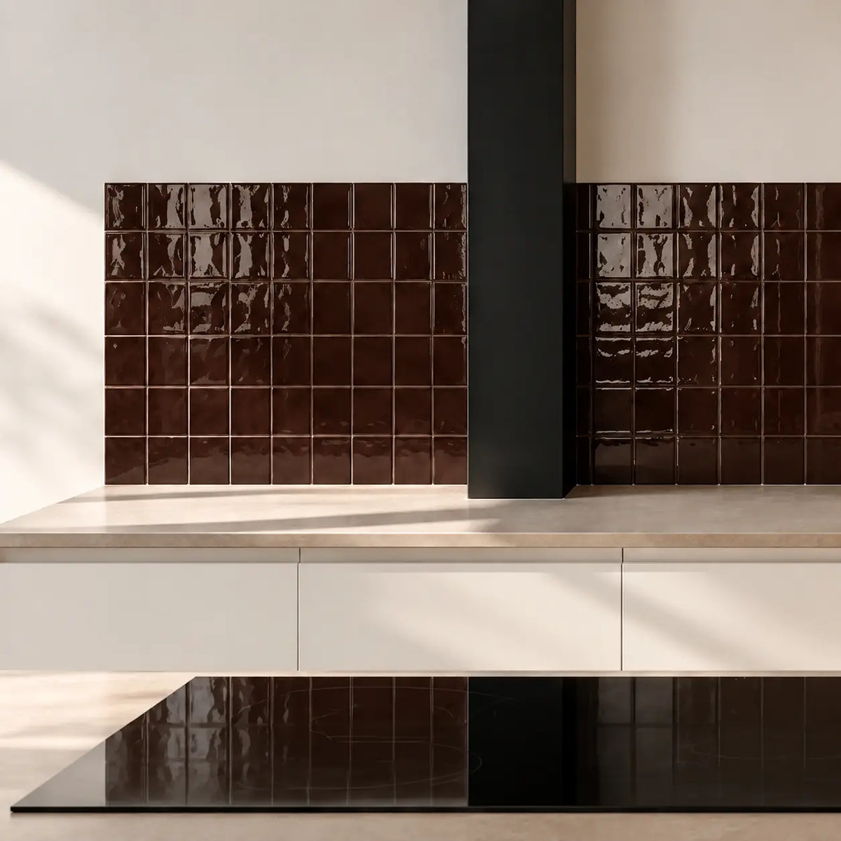Cholate brown gloss ceramic tiles used on an interior wall