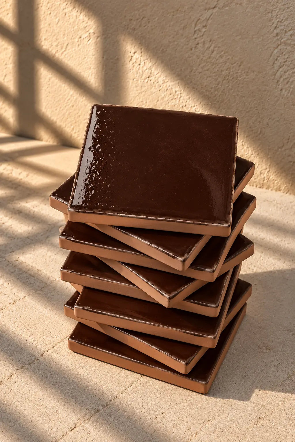 A stack of glossy square ceramic tiles in a deep chocolate brown colour, arranged on a textured off-white surface.