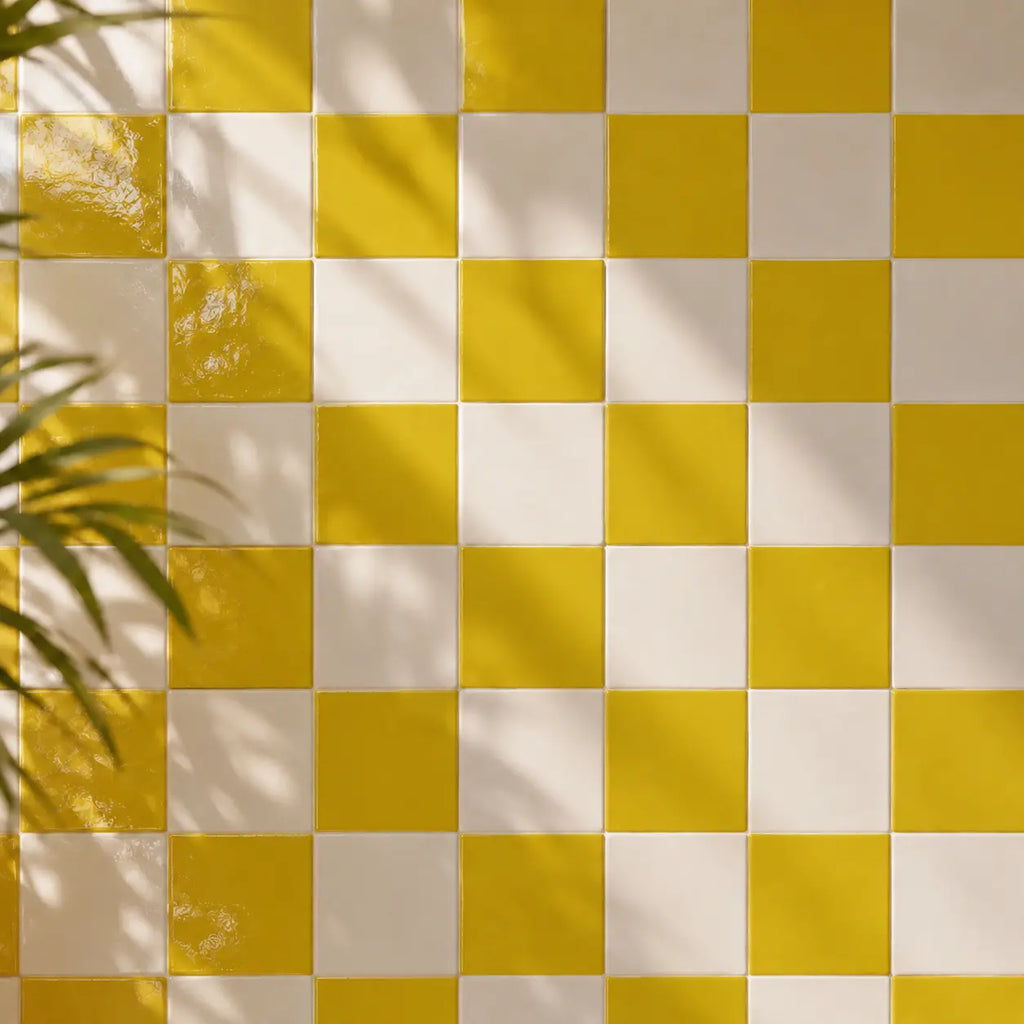 Citron yellow and white checkered tiled wall with soft leaf shadows cast across it.