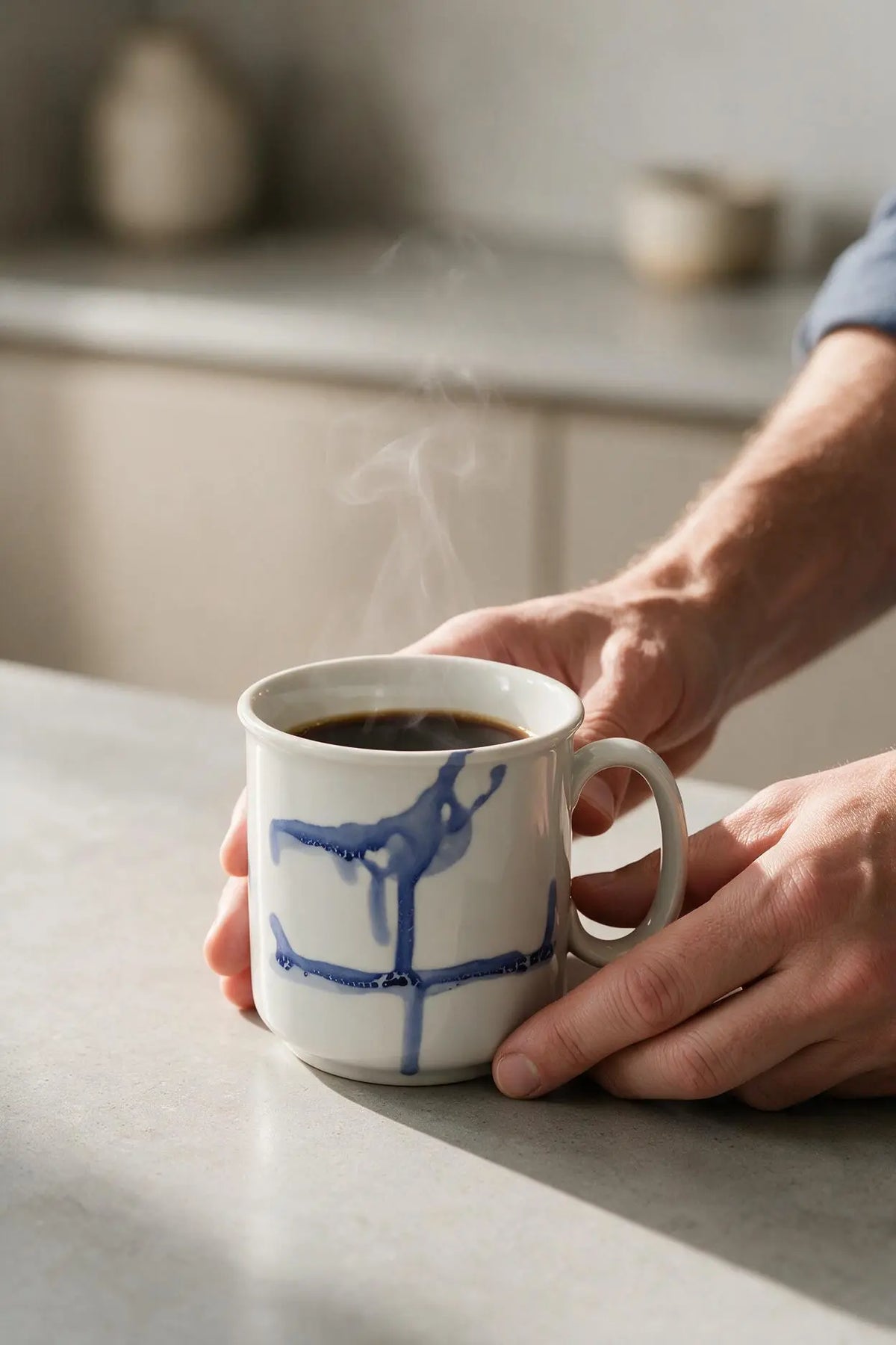 Hand-painted cobalt blue porcelain mug filled with hot coffee, held by hand in a naturally lit kitchen.
