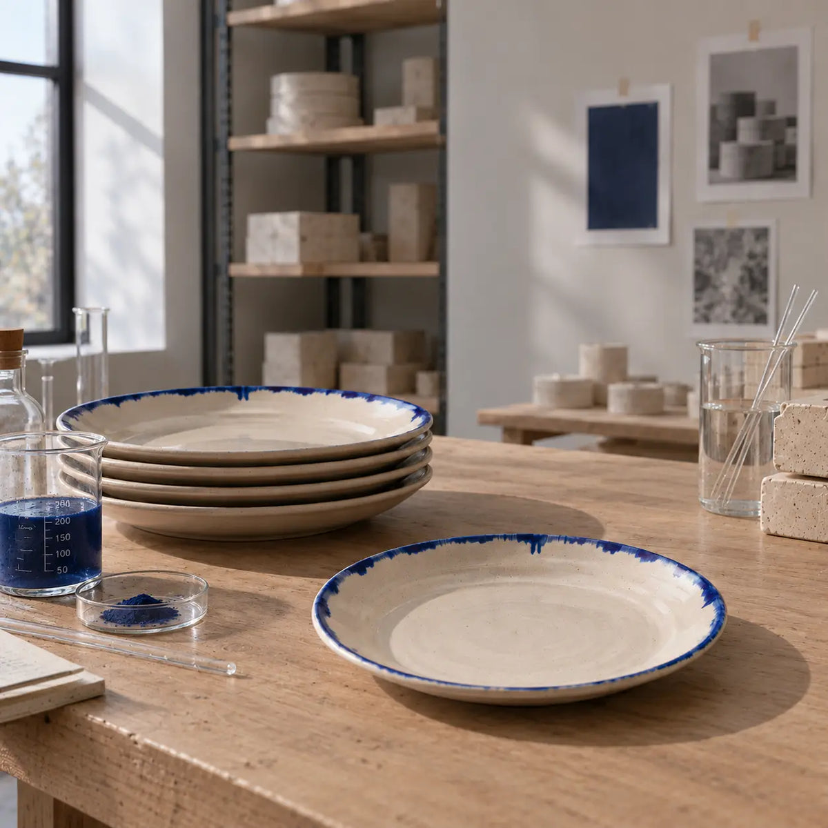 A stack of round ceramic plates with a rustic blue drip rim sits on a wooden table in a studio or workshop setting, alongside glassware, small containers, and shelving in the background.