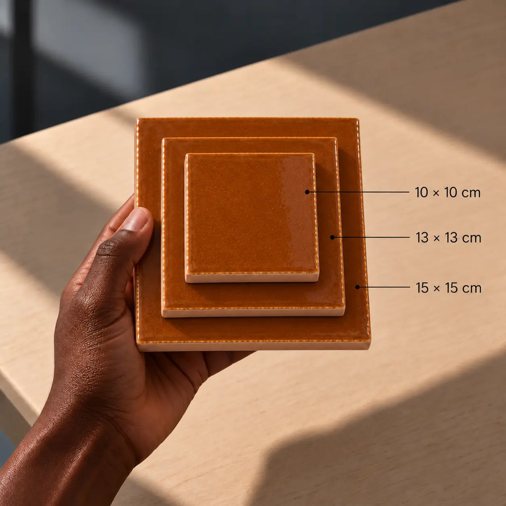 A hand holds a stack of three glossy square ceramic tiles in warm tan-brown glaze, with size labels pointing to 10 x 10 cm, 13 x 13 cm, and 15 x 15 cm over a light wood tabletop.