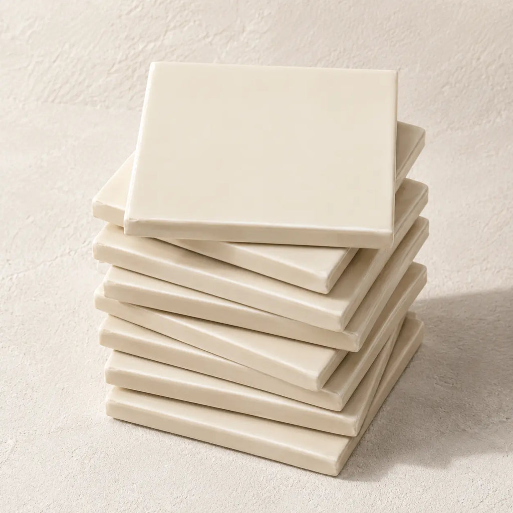 A stack of square ceramic coasters in a warm off-white cream color, arranged neatly on a textured light beige surface.