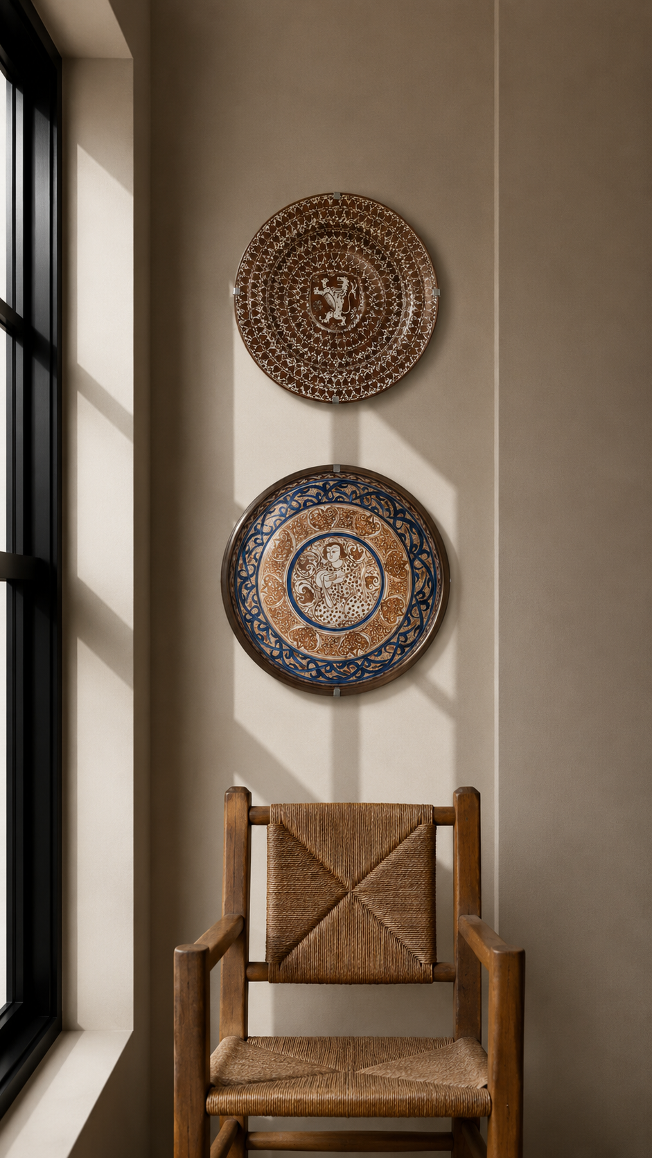 A styled interior scene with a wooden armchair in the foreground and two decorative wall plates hanging above it against a beige wall, with sunlight streaming from a window on the left.