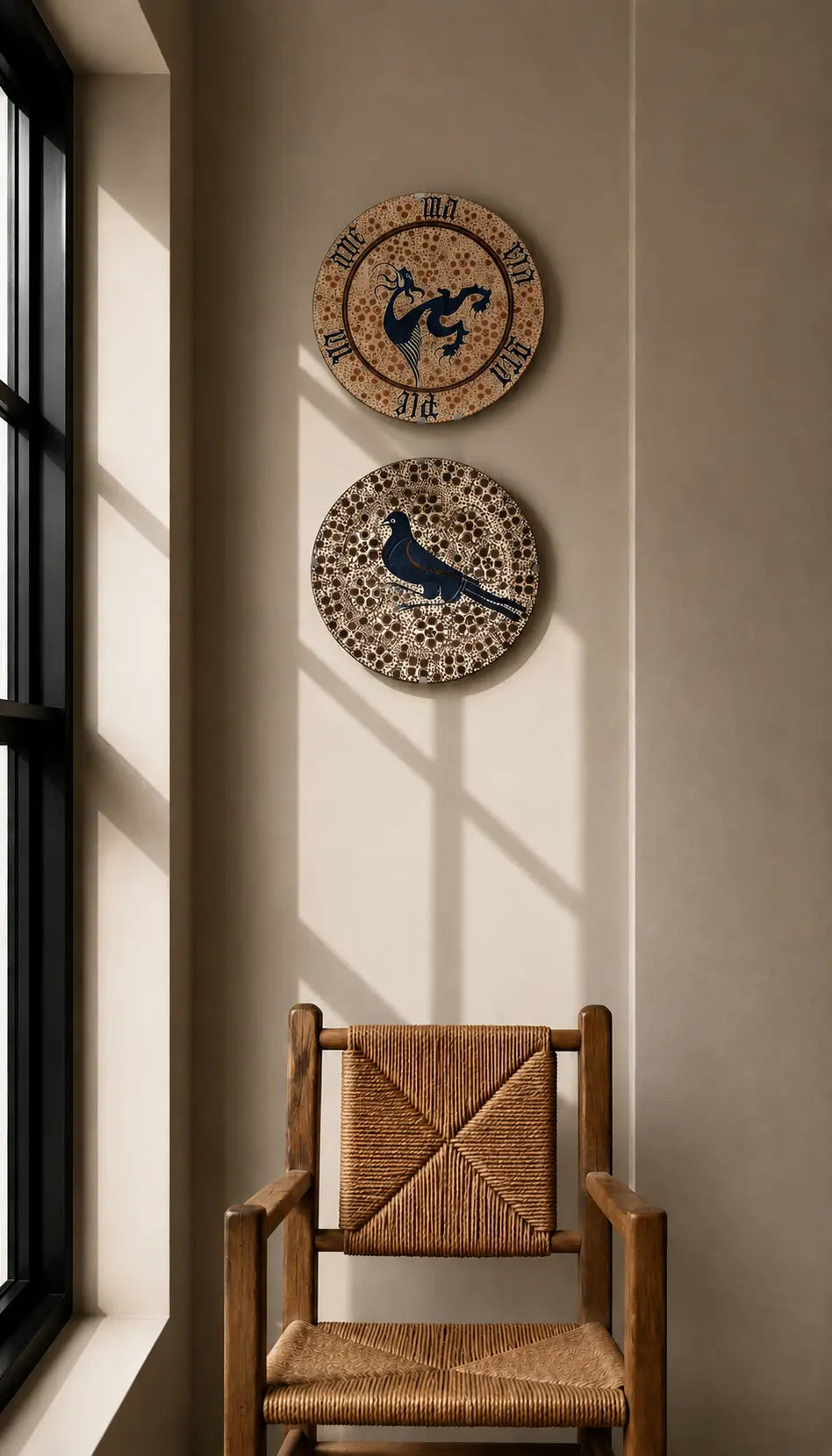 Two decorative circular wall clocks with bird motifs hang on a beige wall above a wooden armchair in a sunlit room.