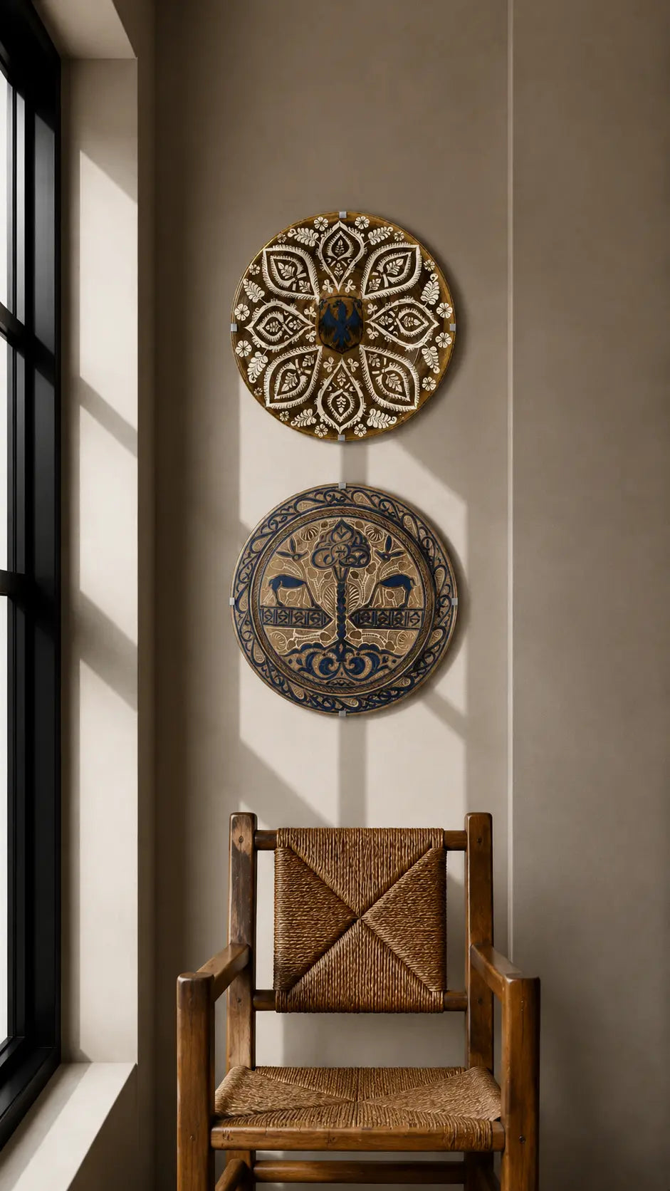 Two circular decorative wall plates with intricate patterns hang on a beige wall above a wooden chair with a woven seat, next to a window with soft sunlight.