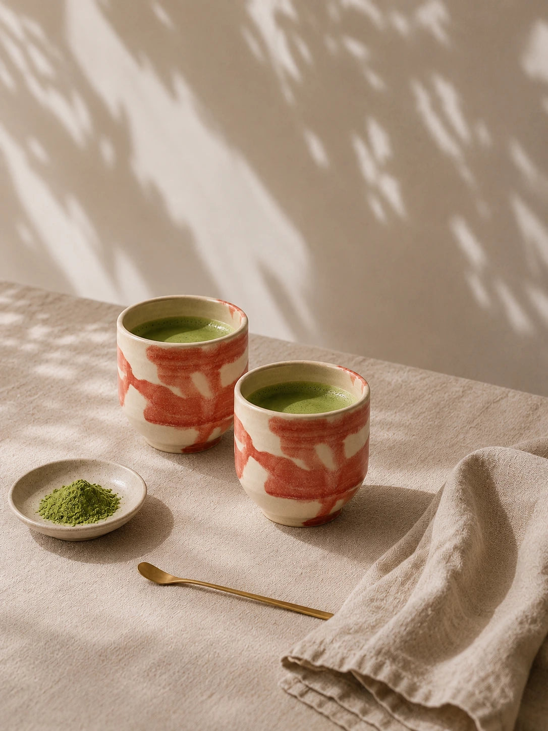 A small ceramic espresso cup with a warm cream base and abstract pink brushstroke patterns, set against a solid, warm off-white background.
