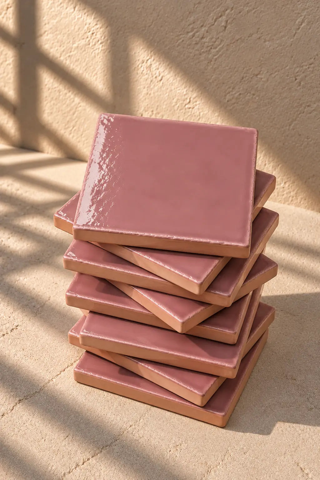 A stack of square dusty pink ceramic tiles on a textured beige surface.