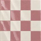 Glossy checkered mosaic tile pattern featuring alternating dusty pink and warm off-white square tiles.