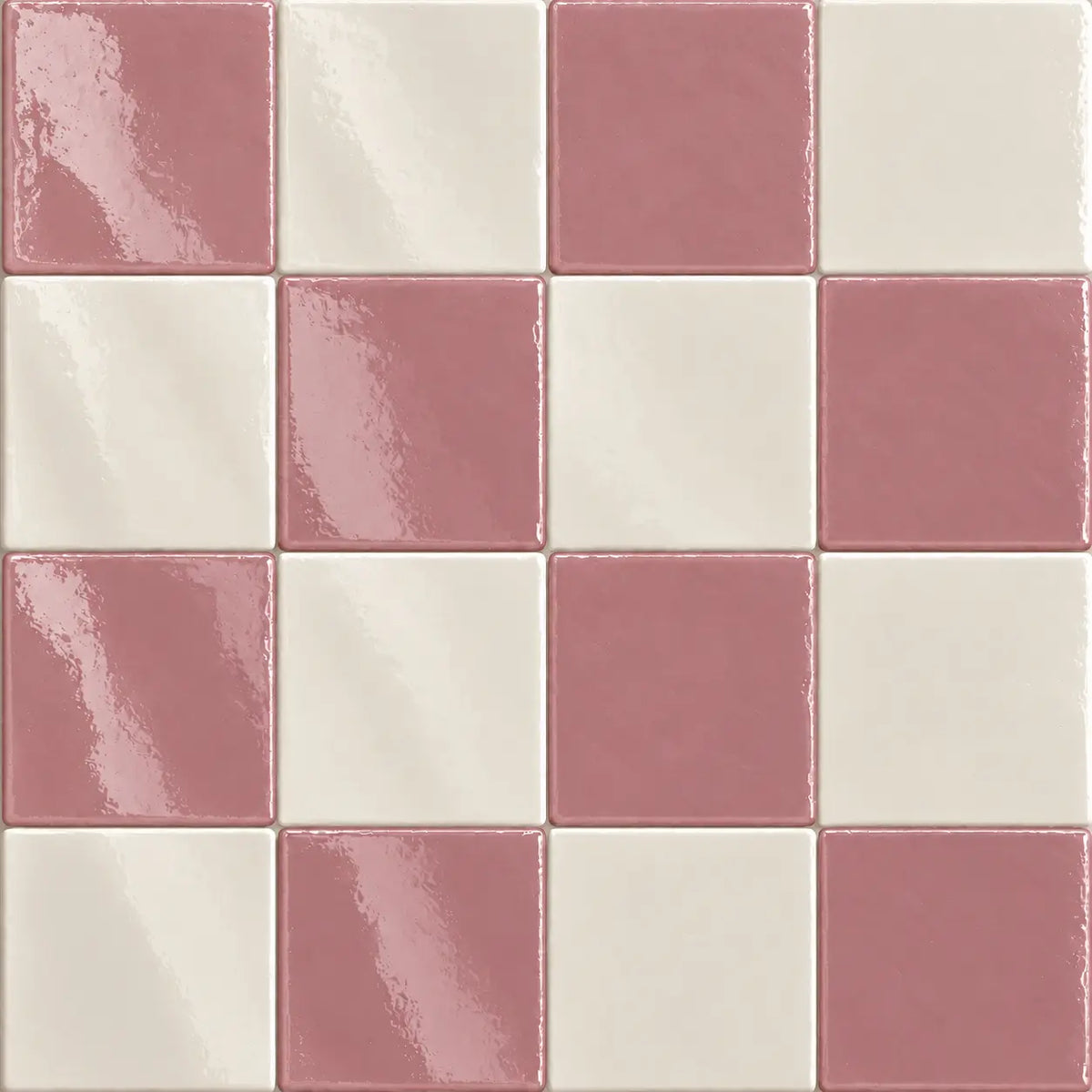 Glossy checkered mosaic tile pattern featuring alternating dusty pink and warm off-white square tiles.