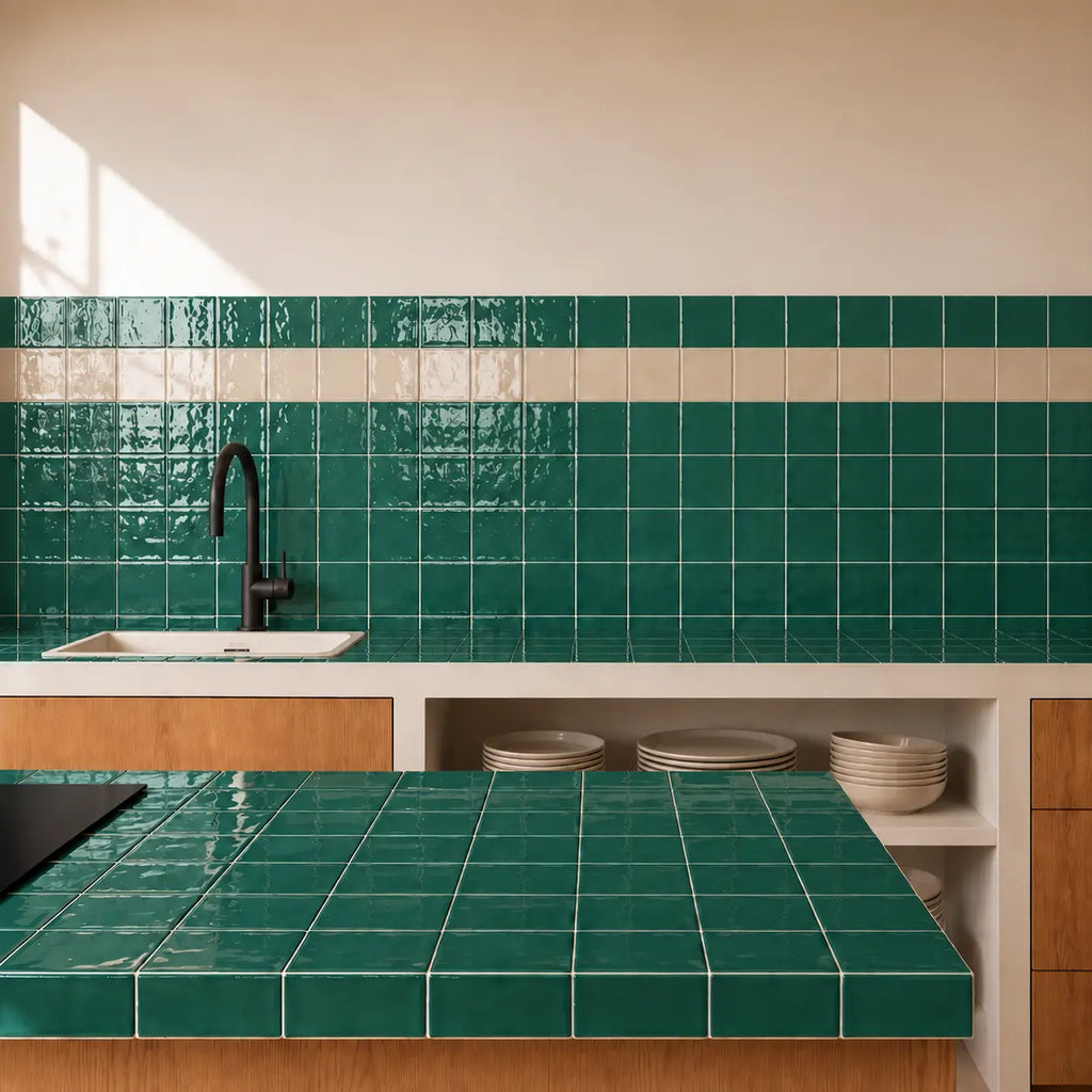 Modern kitchen with emerald dark green tiled backsplash and countertop