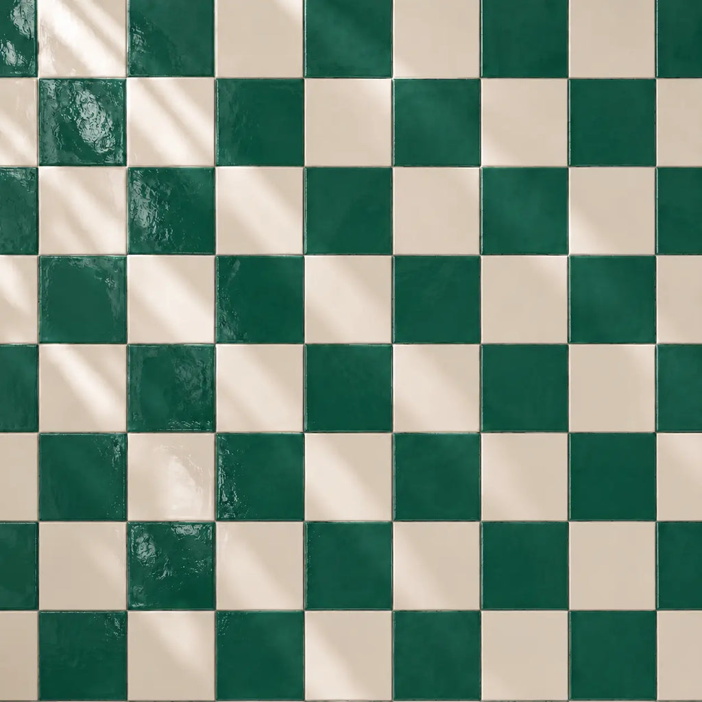 Checkered pattern of emerald dark green and white tiles