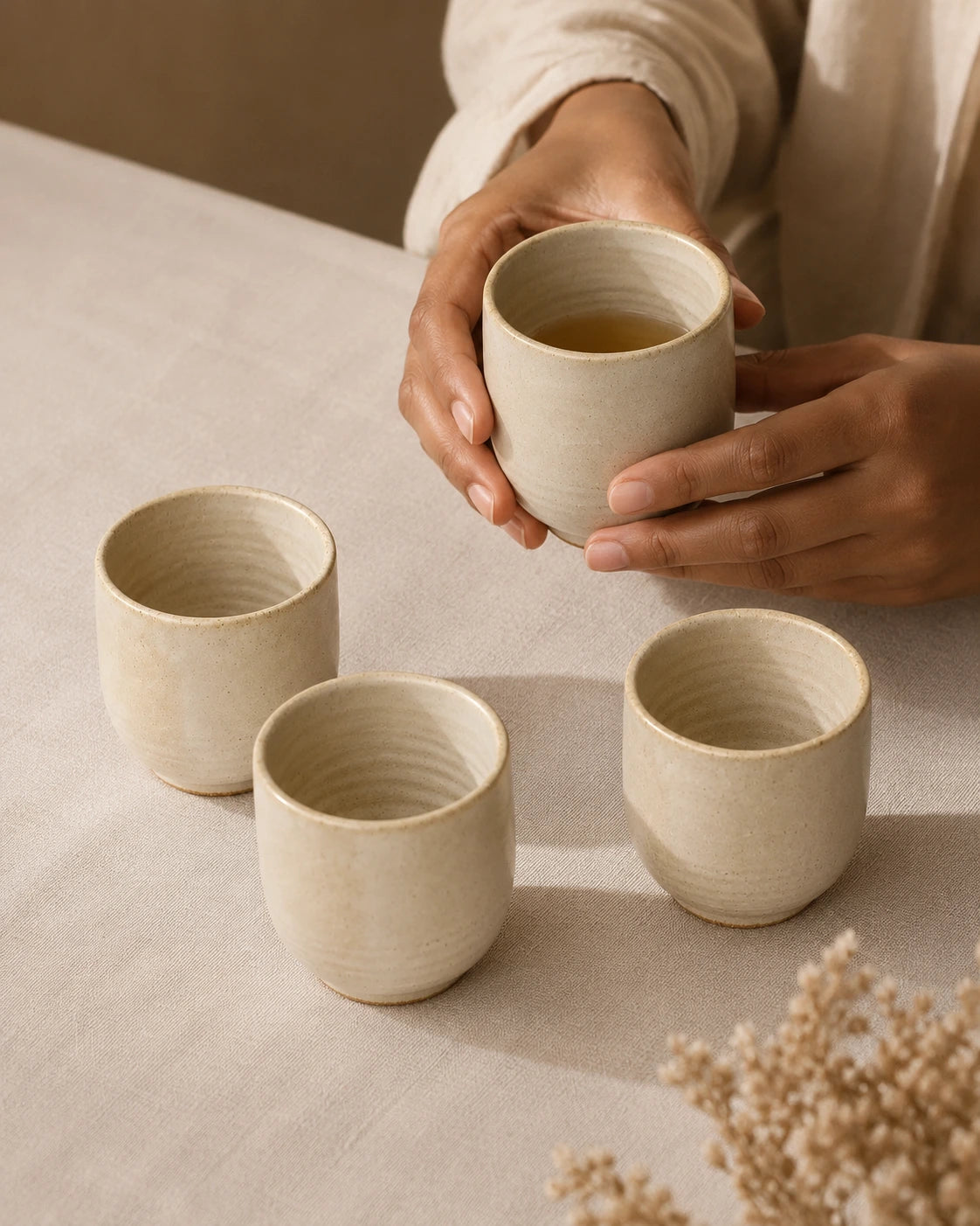 Three small beige ceramic cups on a light fabric table surface, with a person's hands holding one cup filled with tea. A neutral indoor setting and dried flowers are softly visible in the background.