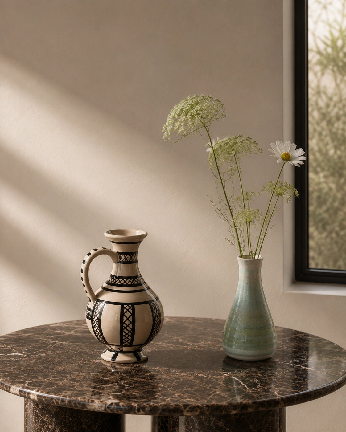 A decorative ceramic pitcher with black geometric patterns on a cream base sits on a dark marble table next to a light green vase holding dried flowers, set against a warm beige wall with soft window light.