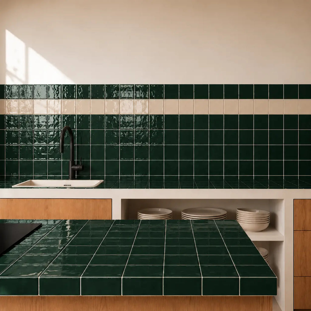 Modern kitchen with forest dark green tiled backsplash and countertop