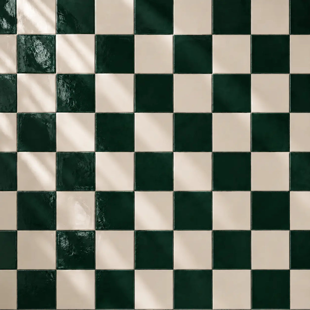 Checkered pattern of forest dark green and white tiles