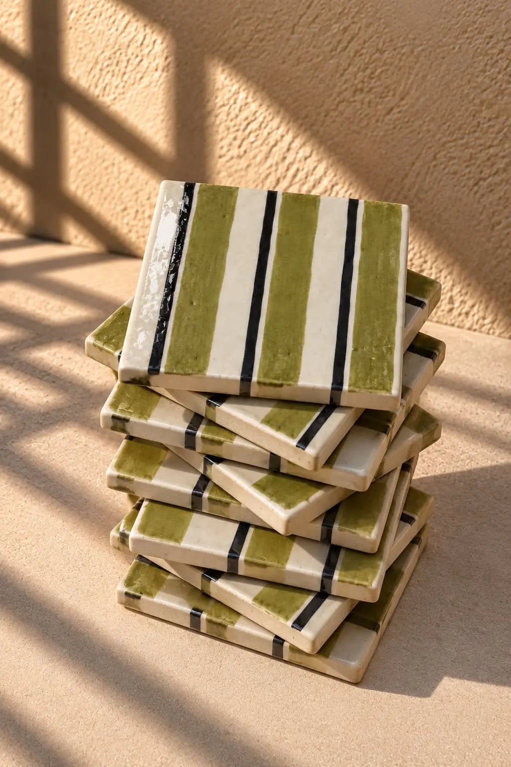 A stack of square ceramic tiles with a hand-painted green, white, and black stripe pattern, set against a textured beige stucco wall with warm sunlight and shadows.