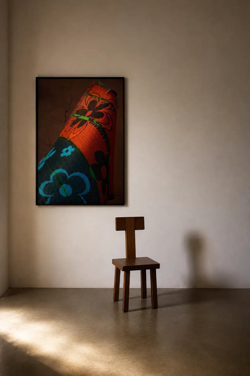 A framed abstract art print featuring a stylized red, black, and blue pattern hangs on a beige wall above a small wooden chair in a minimalist room with dramatic sunlight and shadows.