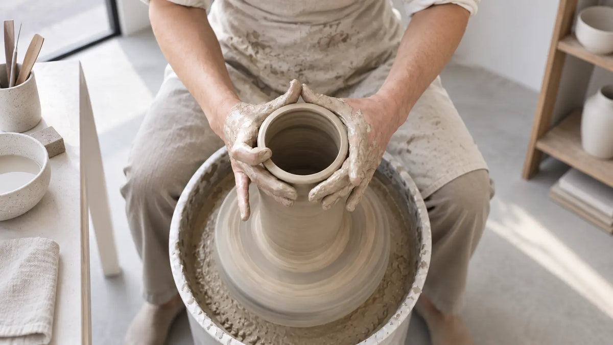 A person seated at a pottery wheel, shaping a clay vase with both hands covered in clay dust. The scene is set in a bright, modern pottery studio with shelves and tools visible in the background.