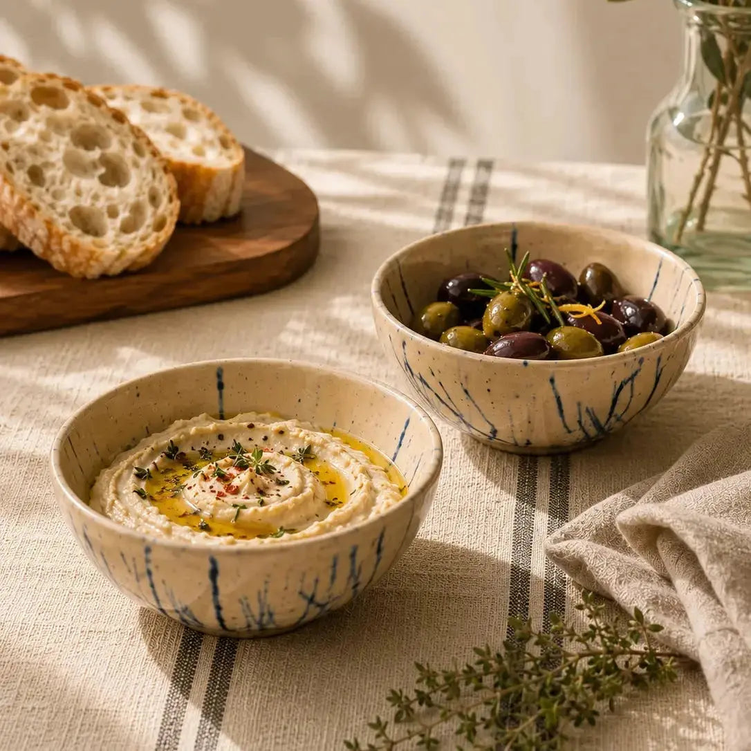 Two ceramic bowls of hummus and olives on a textured tablecloth with bread in the background.