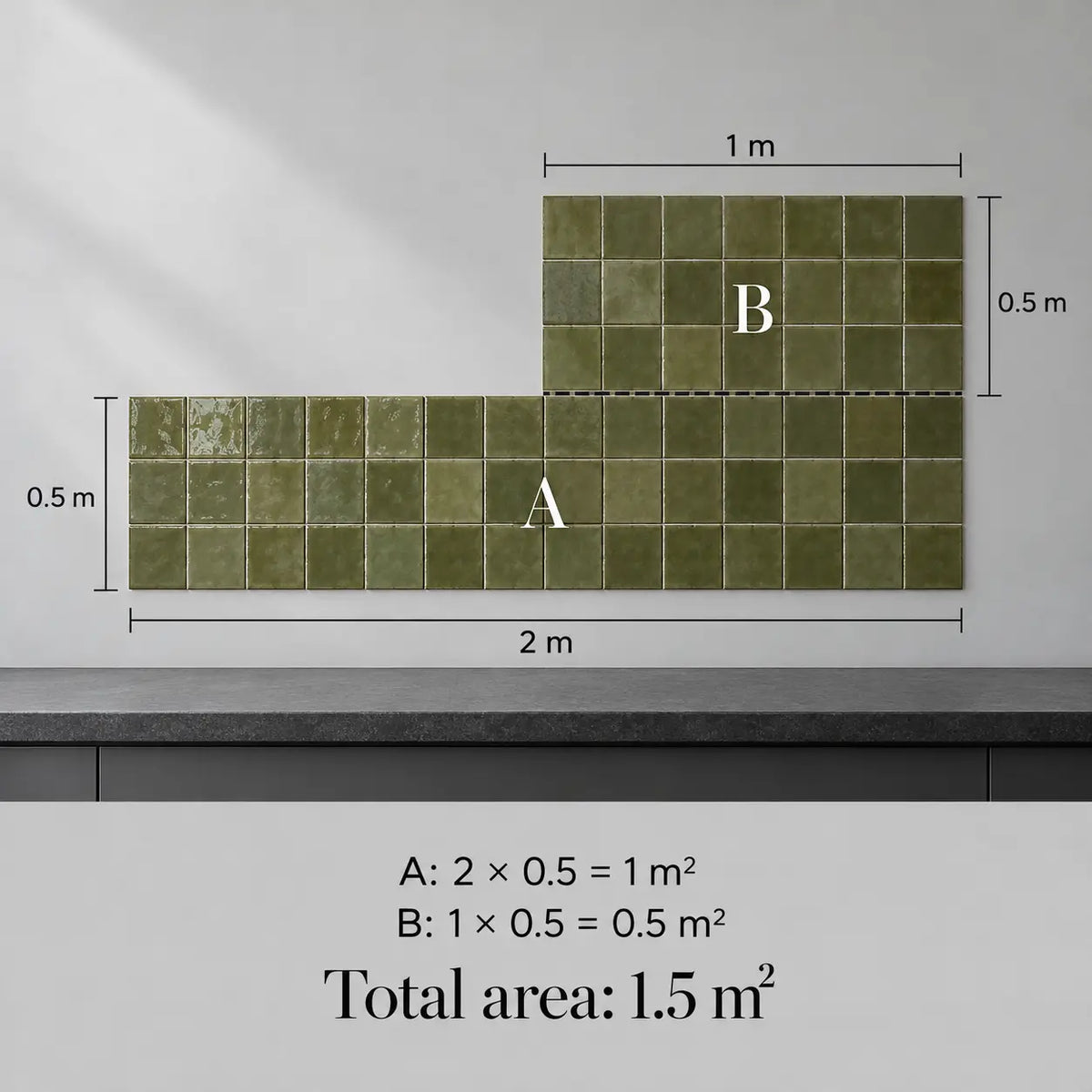L-shaped green mosaic tile layout on a wall above a countertop, with dimension labels showing two sections labeled A and B and total area calculation text below.