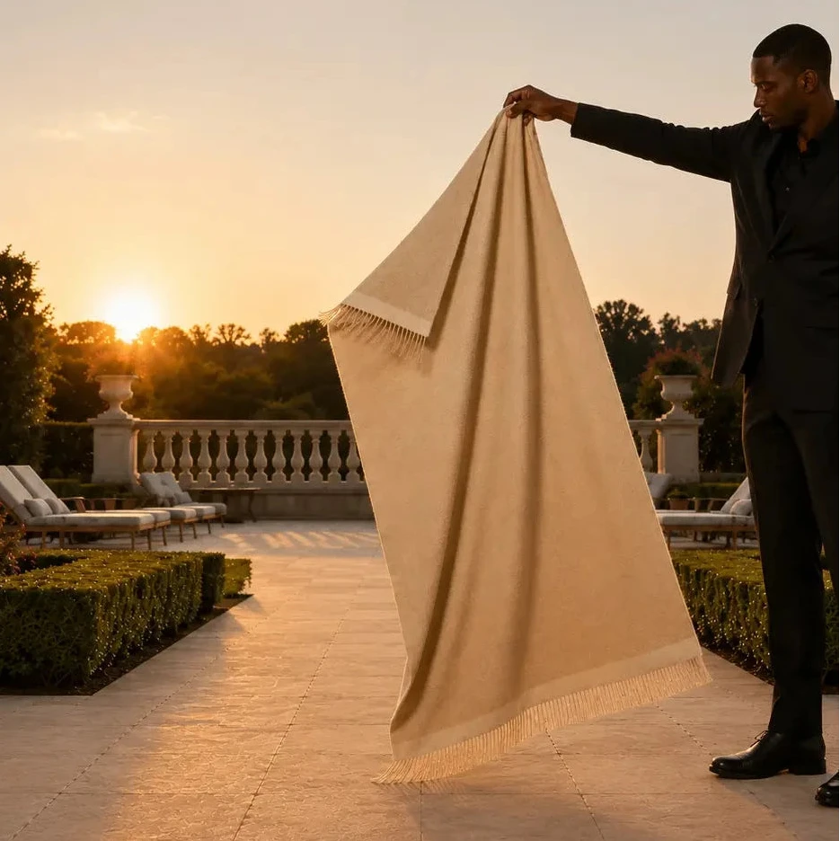 A man in a black suit holds up a large, light beige woven shawl with fringe detailing, set against a luxurious outdoor terrace at sunset.