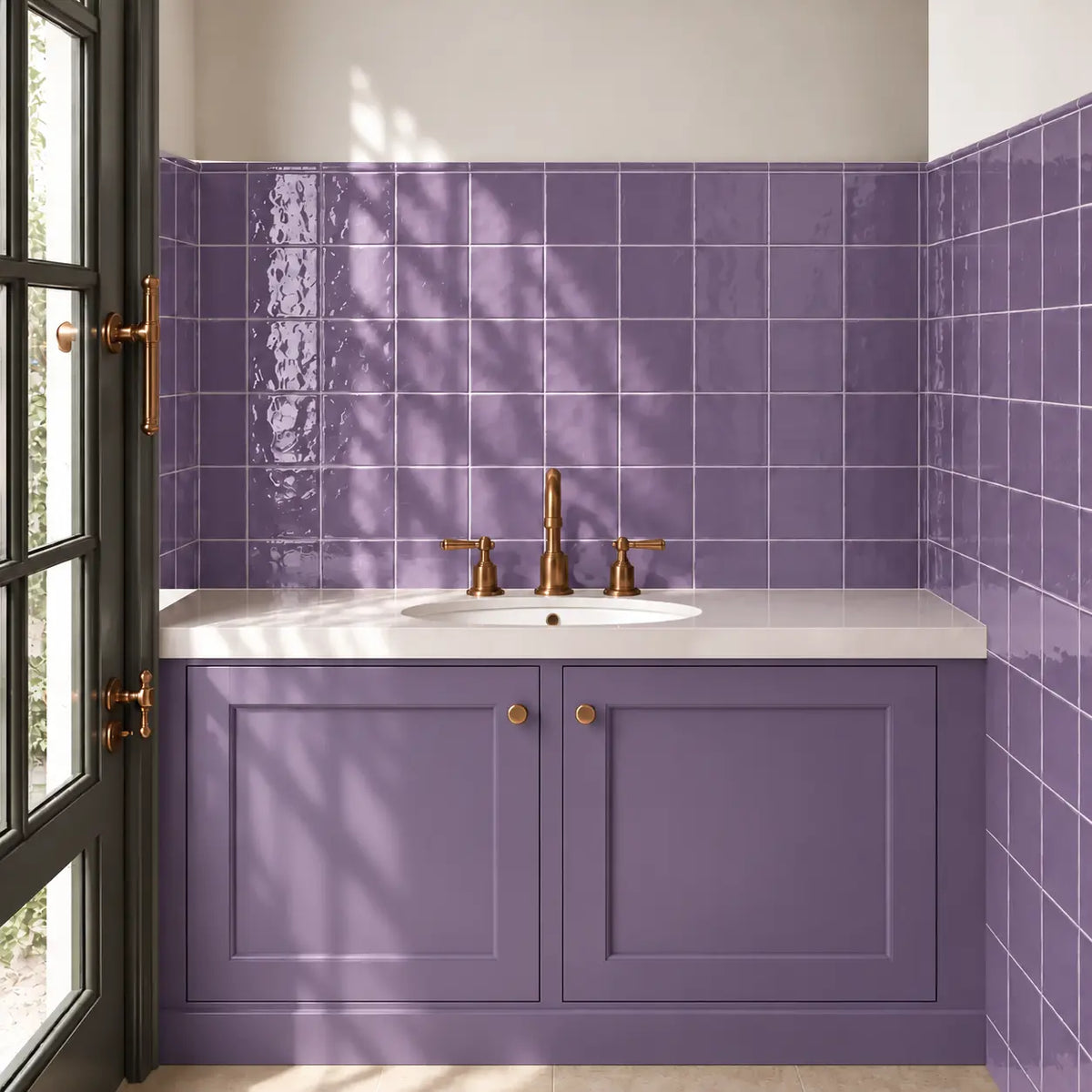 A bathroom vanity setup with lilac paneled cabinets, a white countertop, an undermount sink, and a copper-toned faucet. The backsplash features glossy lilac square tiles, and a matching moss green tile wall surrounds the vanity.