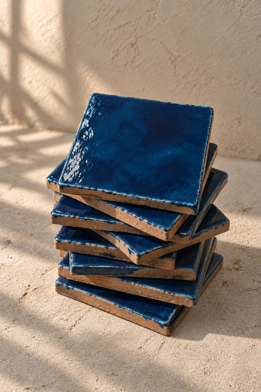 A stack of glossy square ceramic coasters in a deep teal-blue color, set against a textured off-white background.