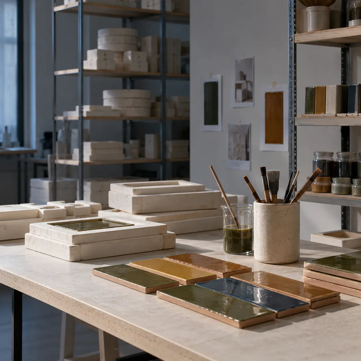 A styled interior workspace or studio with shelves and a table displaying ceramic tile samples in various colors and finishes, alongside paintbrushes in a holder.