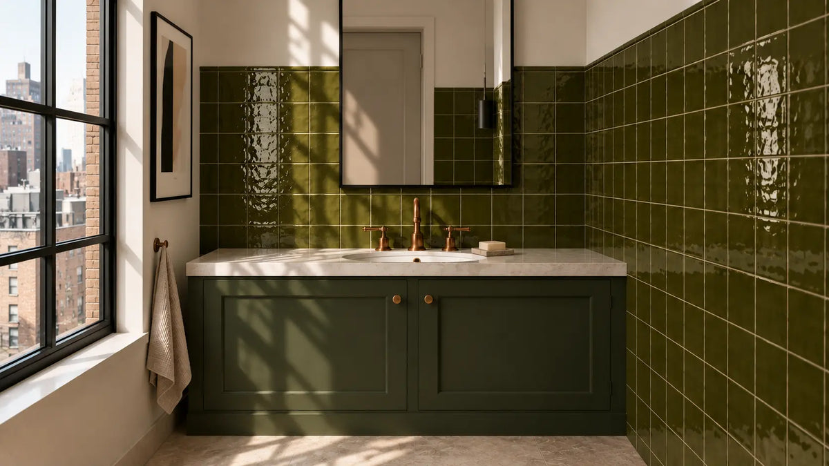 A modern bathroom with a dark green cabinet, white countertop, and glossy olive green wall tiles, shown in a real interior setting with a window and natural light.